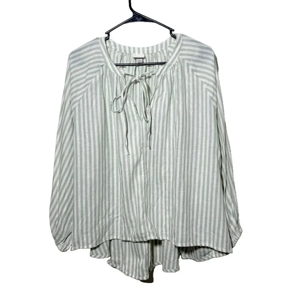 A New Day Peasant Blouse M Woven Linen Blend Stripe Green Boho Breathable Relax